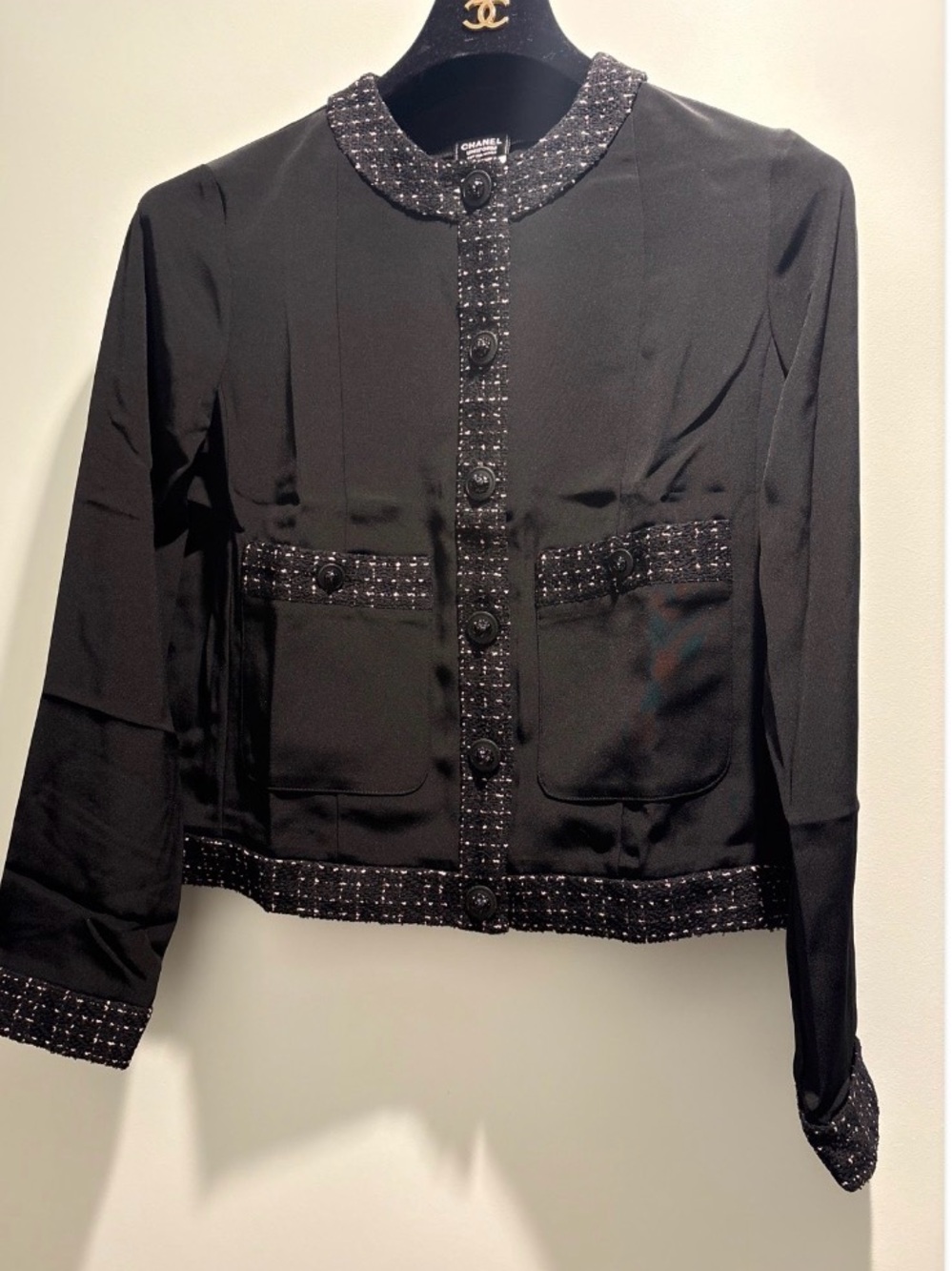 CHANEL Black Collarless Tweed-Trim Jacket